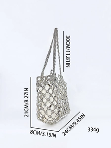 Silver hollow beaded tote bag with white lining for women, 24x21x8cm dimensions