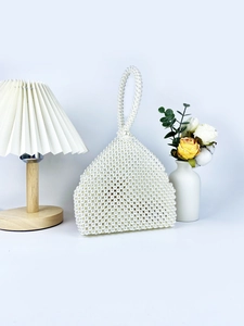 Handmade triangle pearl beaded handbag with circular top handle for weddings and parties
