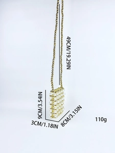 Mini beaded crossbody bag in gold and clear tones with size dimensions and chain strap