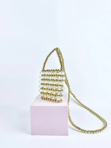 Elegant gold and crystal beaded mini crossbody bag with a handle and long strap