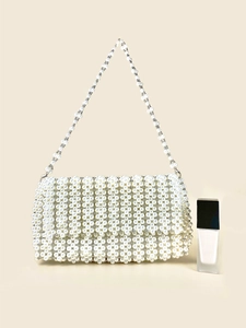 Handmade Faux Artificial Pearl Woven Shoulder Bag Vintage Beaded Flip Handbag For Women Evening Party Elegant Wedding Accessory