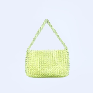 Detail of light green acrylic beaded handbag with high quality handmade woven texture