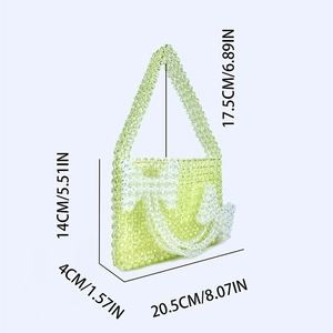 Handmade green beaded handbag dimensions with white bow detail and sizing markers