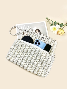 Exquisite handmade pearl woven shoulder bag with long chain strap and elegant beadwork