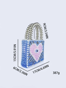 Handmade beaded handbag with blue and pink heart pattern and size measurements