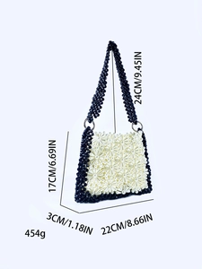 Borsa a mano con perline bianche a fiori e manico in cristallo nero elegante