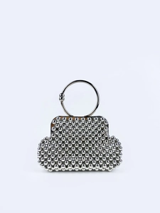 Silver Beaded Evening Handbag With Metal Ring Handle Shell Shaped Handmade Elegant Clutch For Women Fashion