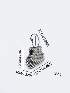 Elegant beaded shell-shaped handbag with circular metal handle and detailed size dimensions