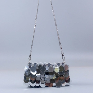 Chic silver sequin mini chain bag with metallic shimmer and geometric shoulder strap