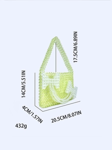 Handmade light green acrylic beaded handbag with white bow and specific dimensions