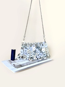 Sparkling silver sequin evening clutch bag with delicate metal chain strap for women