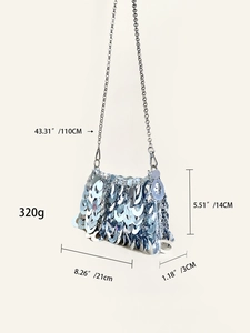 Detailed size specifications for silver sequin evening bag with metal chain strap