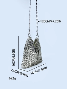 Handmade silver sequin shoulder bag with chain strap and specific dimensions info