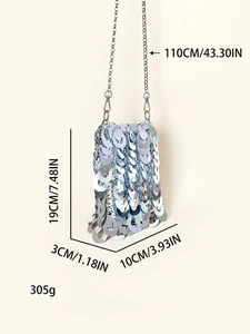 Detailed size specifications for silver sequin crossbody bag with chain strap