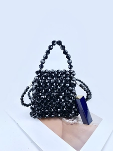 Handmade black beaded mini handbag with acrylic pearls and detachable crossbody strap