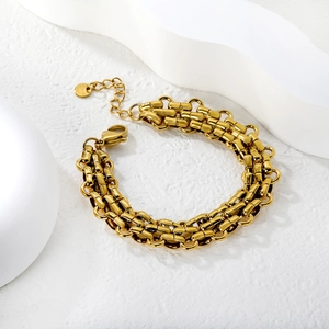 Three-row golden stainless steel Cuban chain bracelet with adjustable lobster clasp