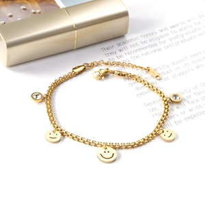Double-layer stainless steel gold bracelet with smiley faces and crystal pendants