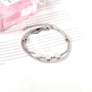 Detail of silver double-layered stainless steel bracelet with beads and round sequins