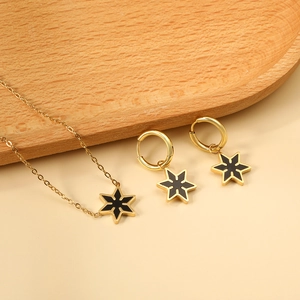 Parure en acier inoxydable doré avec pendentif et boucles d'oreilles étoile hexagonale noire