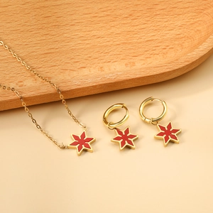 Parure en acier inoxydable doré avec pendentif étoile hexagonale en émail rouge et boucles