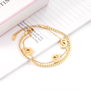 Detail of 18K gold plated double-layer bracelet with Roman numerals and 18KGP tag