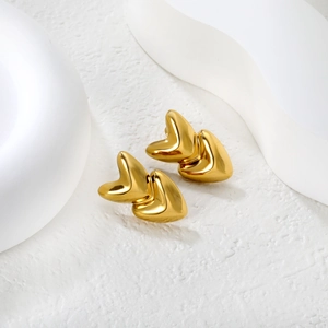 Chic 18k gold plated stainless steel stud earrings with triple layered heart design