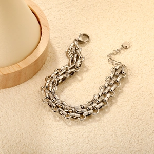 Three-row stainless steel Cuban curb chain bracelet with lobster clasp and extension