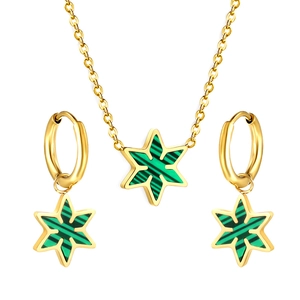 Parure collier et boucles d'oreilles hexagonales en acier doré avec émail vert