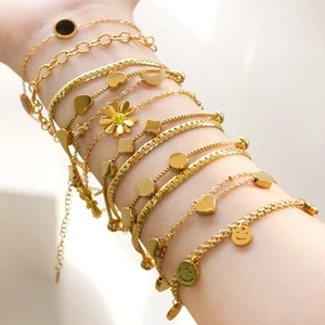 Double Layer Charm Bracelet Stainless Steel Gold Plated Heart Round Geometric Elegant Minimalist Jewelry For Women