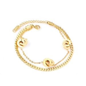 Double-layer 18K gold plated stainless steel bracelet with Roman numeral rings