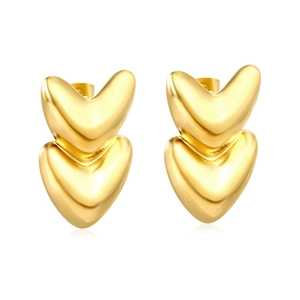 Polished 18k gold plated stainless steel layered heart earrings with mirror finish