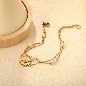 Bracelet Double Rangée Acier Inoxydable Künstliche Perle Pendentif Tournesol Plaqué Or Bijoux Élégants Pour Femmes Style Français