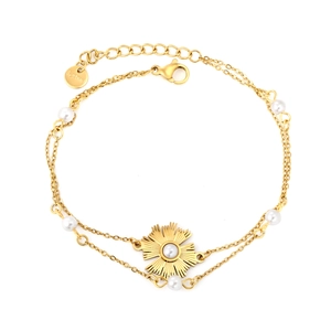 Bracelet double couche en acier inoxydable doré de style français avec perles et tournesol