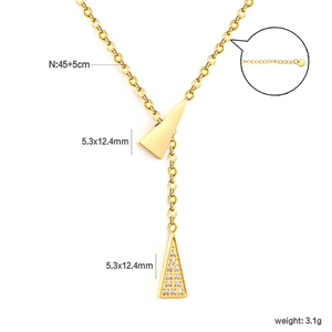 Gold stainless steel Y-necklace with geometric triangle pendant and crystal diamonds