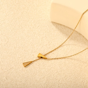 Minimalist 18K gold plated necklace with geometric double triangle pendants and micro-pavé