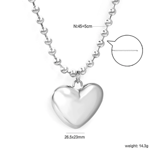 Minimalist heart pendant necklace in stainless steel with ball chain and size dimensions