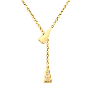 Lariat necklace with polished gold triangle and pavé crystal pendant on O-chain