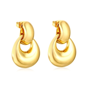Polished hollow teardrop earrings in 18K gold plated stainless steel on white background