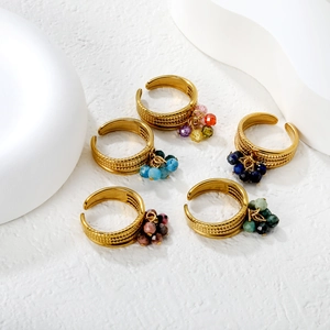 Adjustable stainless steel 18k gold rings with colorful bead tassel butterfly accents