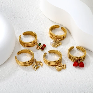 Set of five gold adjustable open rings with tassel cherry and star moon charms
