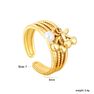 Detail view of gold cherry tassel ring with pearl and size 7 dimensions on white background