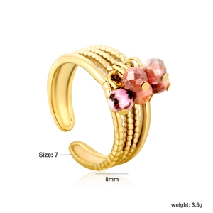 Detailed view of 18K gold plated ring featuring pink stone beads and size parameters