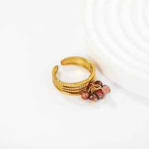 Adjustable 18k gold plated stainless steel ring featuring beaded texture and stone charms