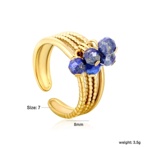 Detailed view of 8mm wave textured gold ring with 5 blue lapis stones and size specs