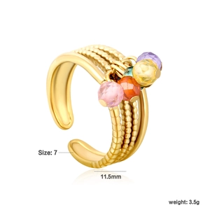 Detail view of gold multi-layer ring with colorful hanging beads and size measurements