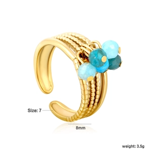 Detail view of 18K gold braided open ring featuring four blue beads with size and weight info