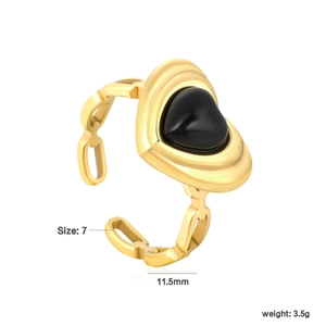 Detailed view of gold heart ring with black agate inlay and chain design dimensions