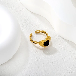 Gold plated stainless steel heart ring with black agate and hollow chain band