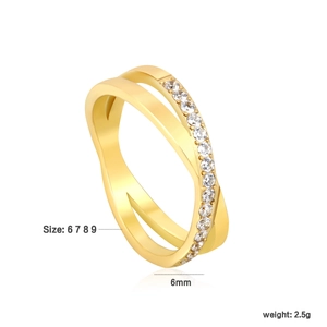 Golden crisscross ring with micro-pave cubic zirconia stones in minimalist 6mm style