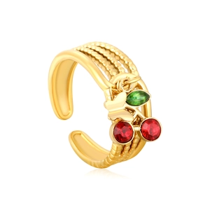 Gold adjustable cherry and butterfly open ring with red stones on white background